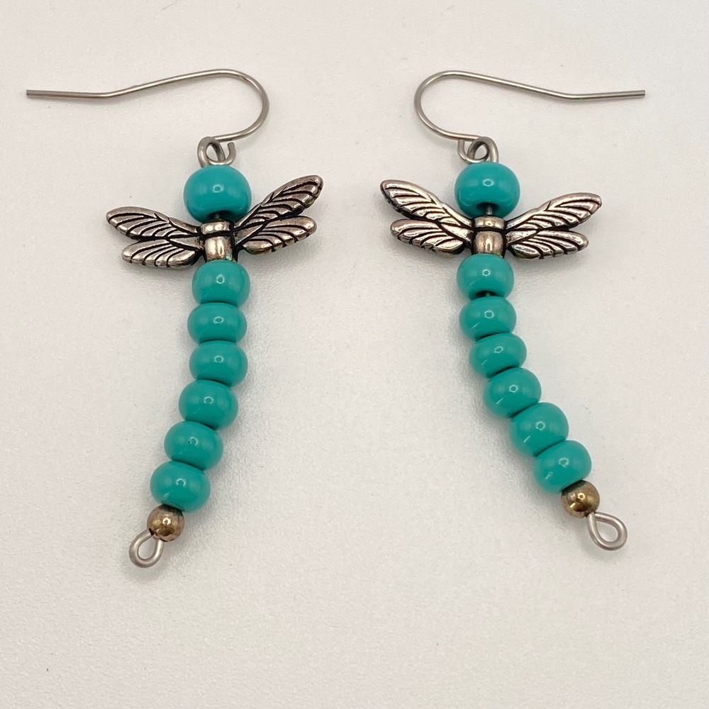Vintage Dragonfly Earrings Silver Tone Beaded Boho Turquoise Blue 2"